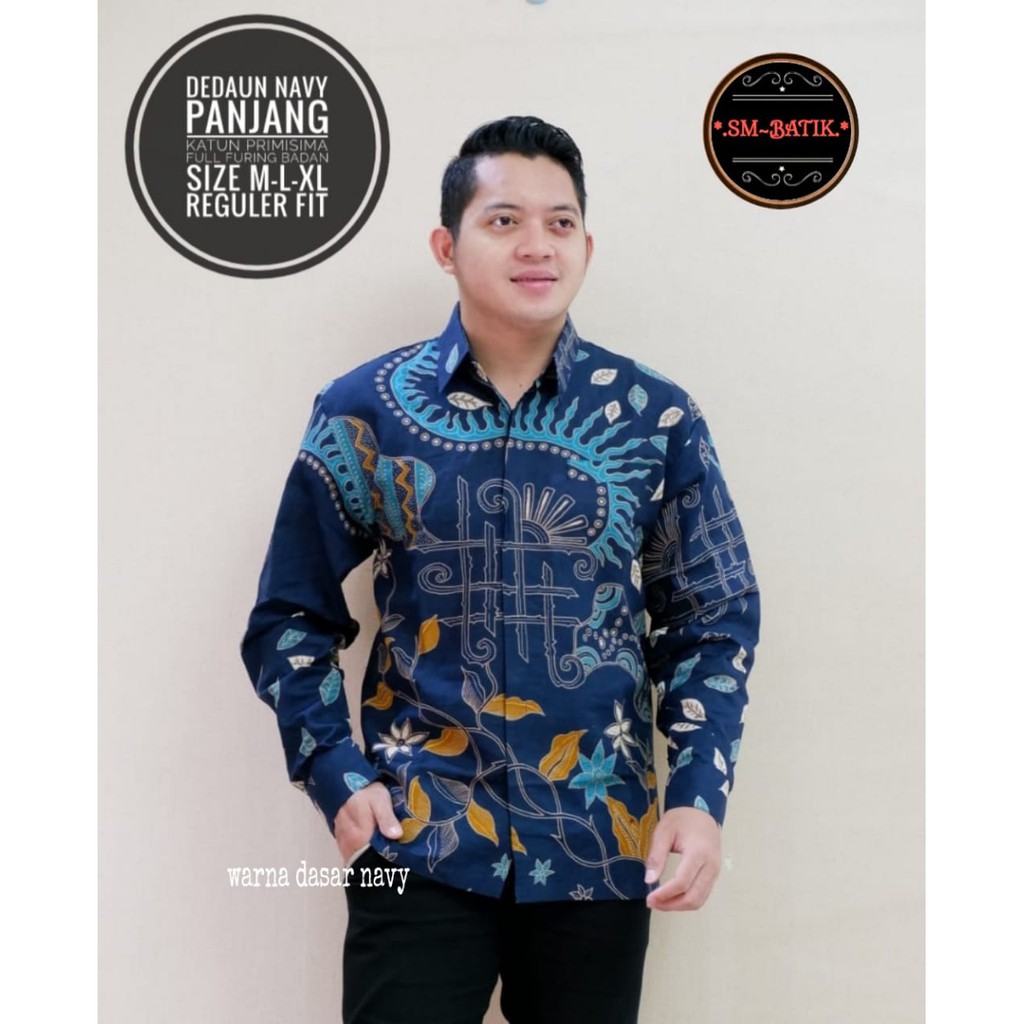 Jual Dedaun Navy Sm Batiksoloamanah Kemeja Baju Batik Pria Solo Lengan Panjang Pendek Lapis