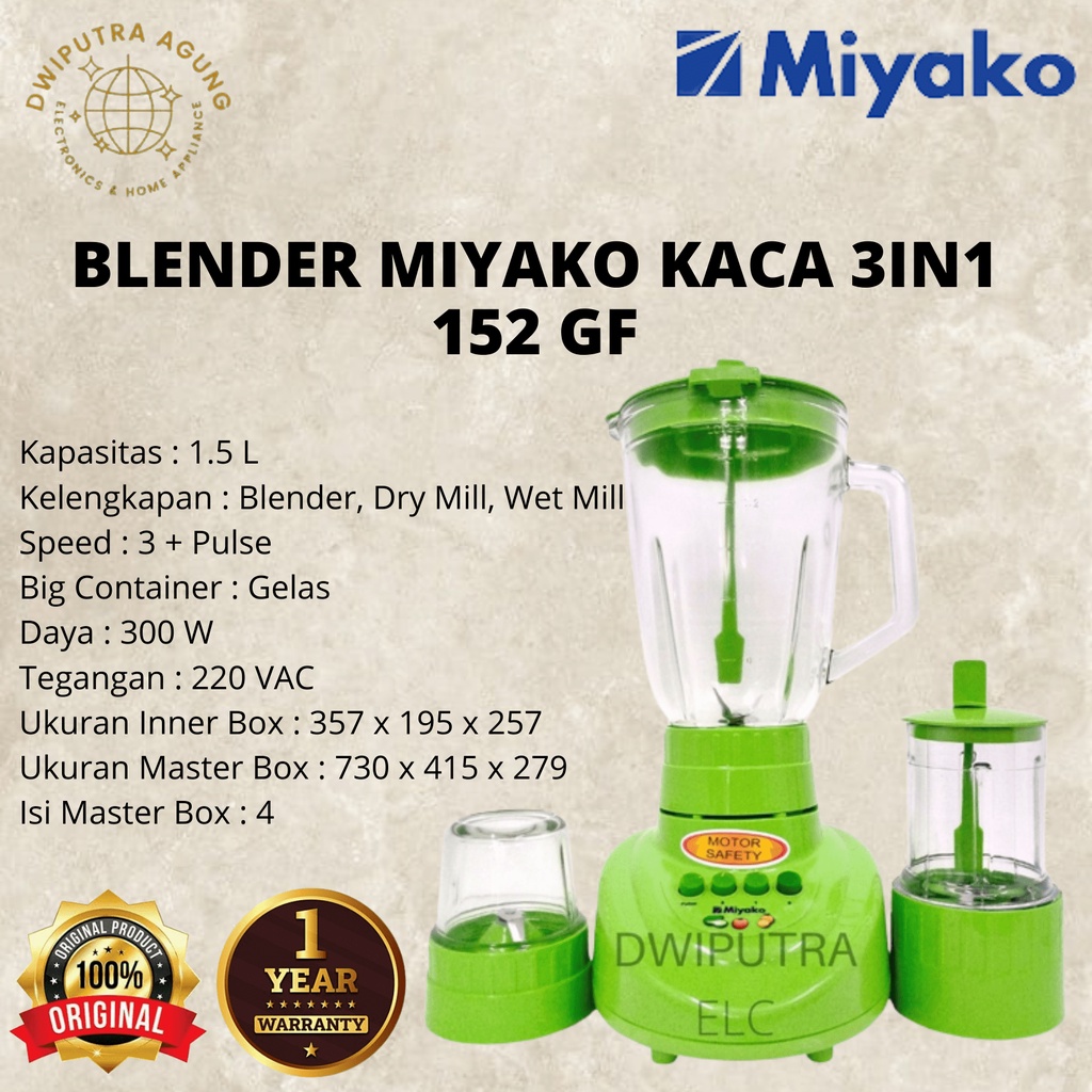 Jual Blender Miyako Kaca 3in1 152 Gf 152gf Big Capacity Food Grade With Dry Mill And Wet Mill 9354