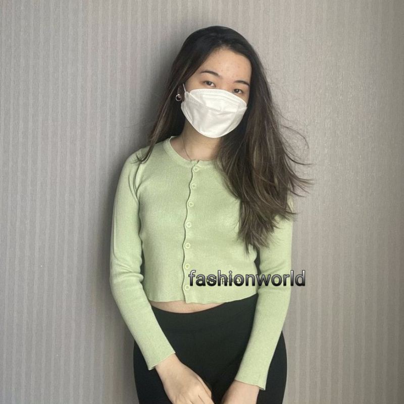 Cardigan Crop Top Lengan Panjang Cardigan Rajut Kancing Aktif