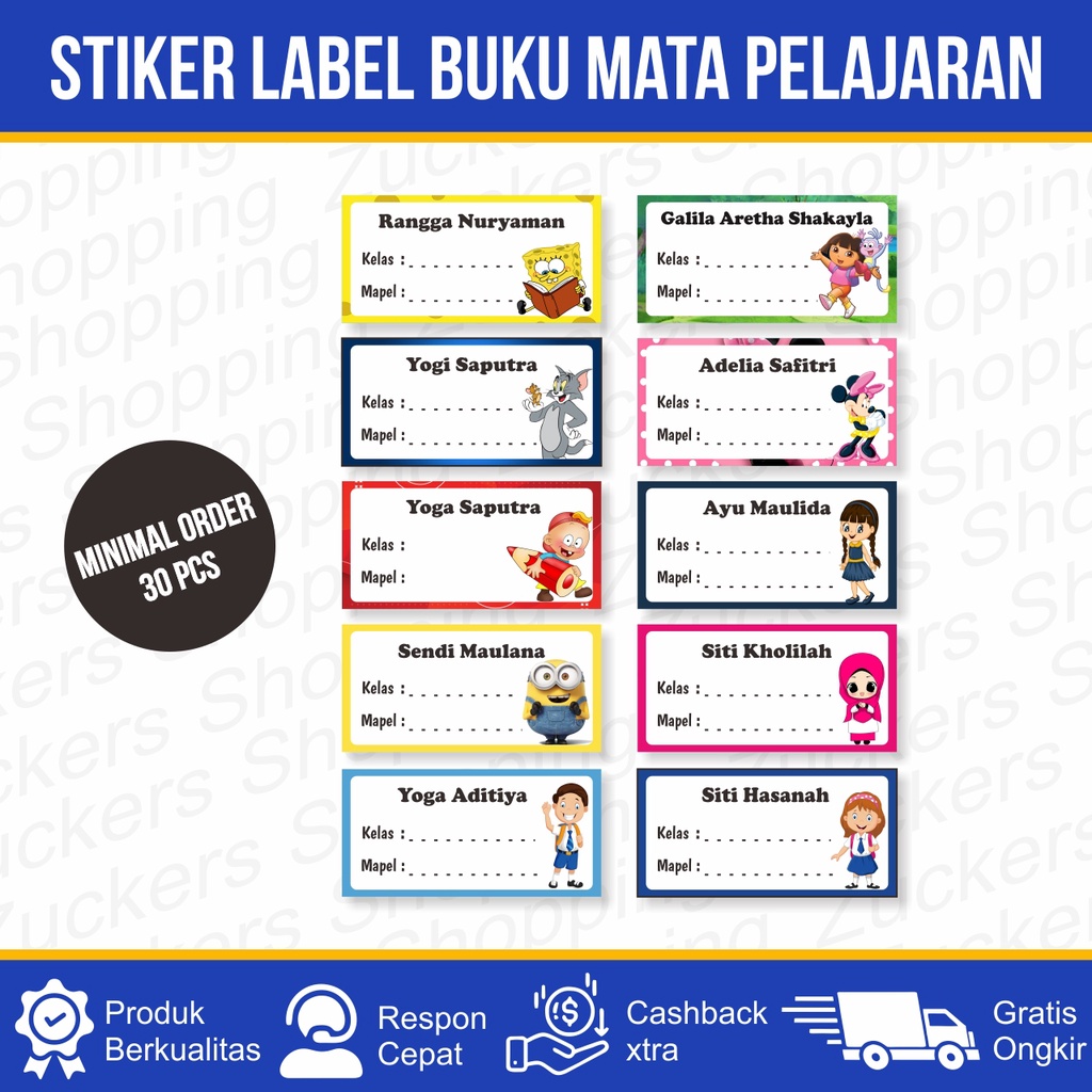 Jual Sticker Nama Buku Custom / Sticker Label Buku Sekolah Anak [ Min