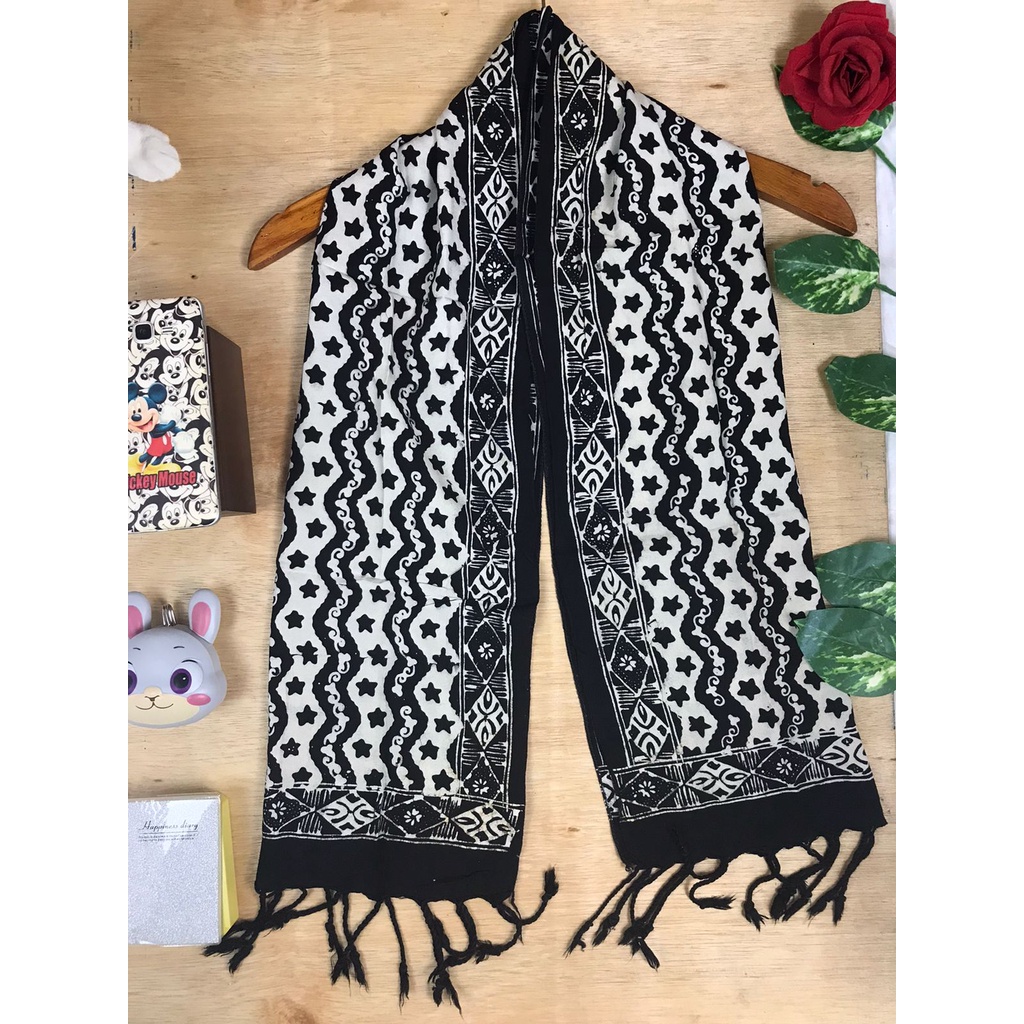 Syal Batik Cap Premium Scarf Leher Fashion Outdoor Selendang Wanita Rayon  Terbaru Hitam Parang COD