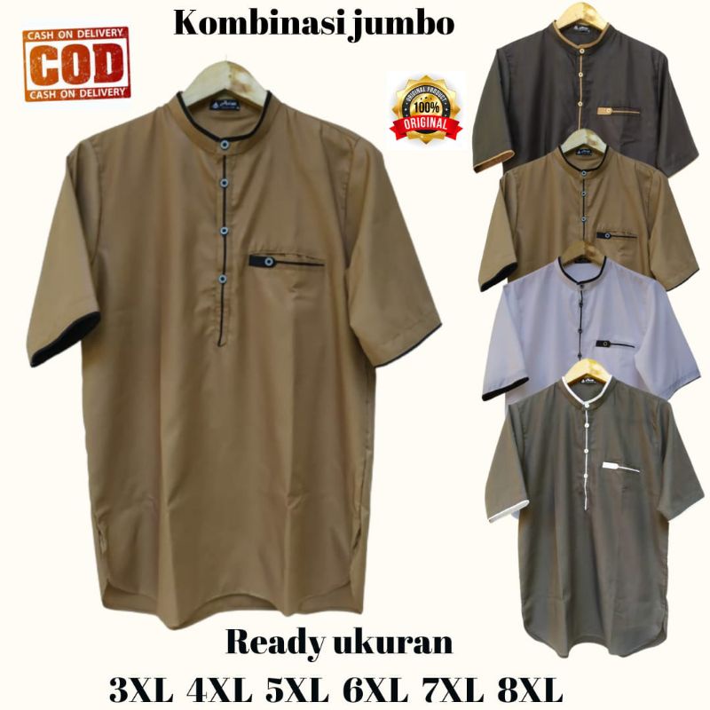 Baju koko jumbo dewasa 3xl - 8xl lengan pendek katun toyobo premium kombinasi klep ,  kurta pakistan big size modern terbaru by arizkicollection