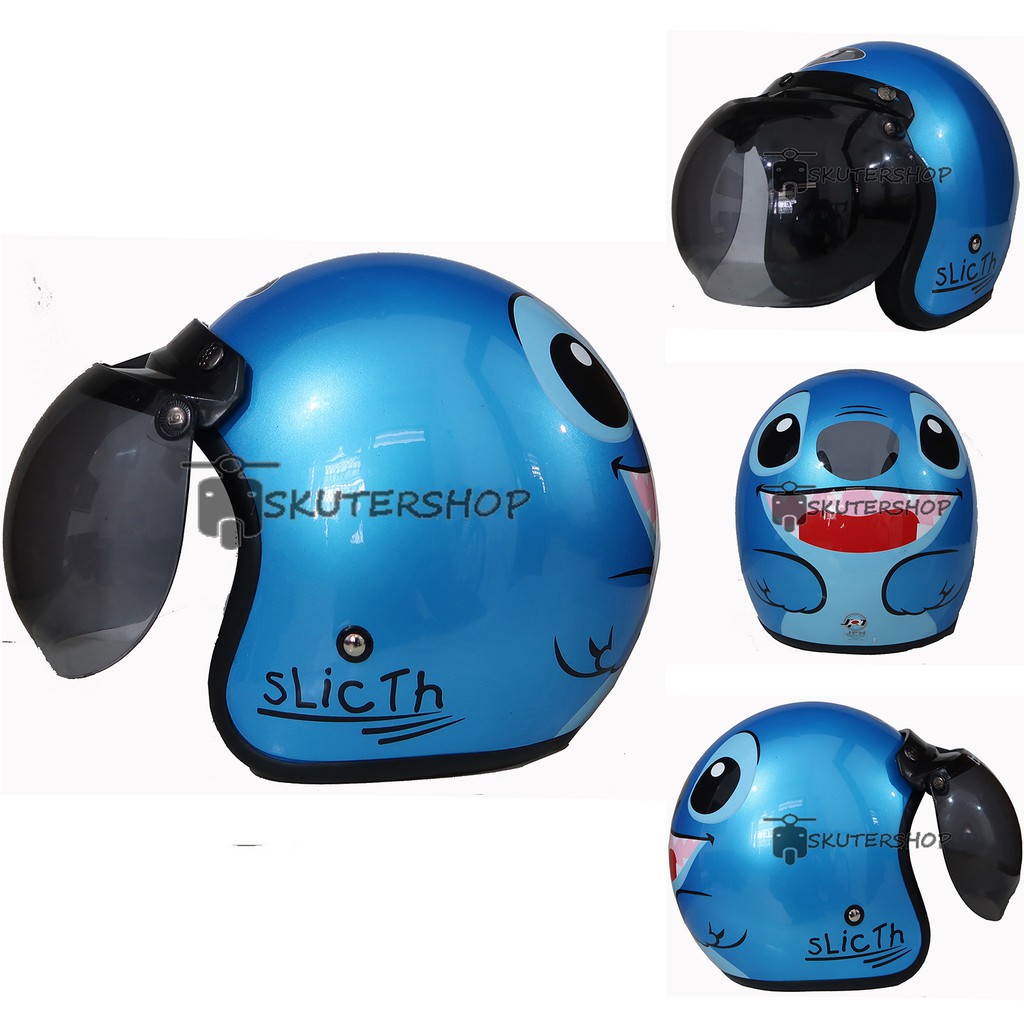 Jual Helm Retro JPN SNI Klasik Animasi Kartun Slicth Biru Glossy Kaca