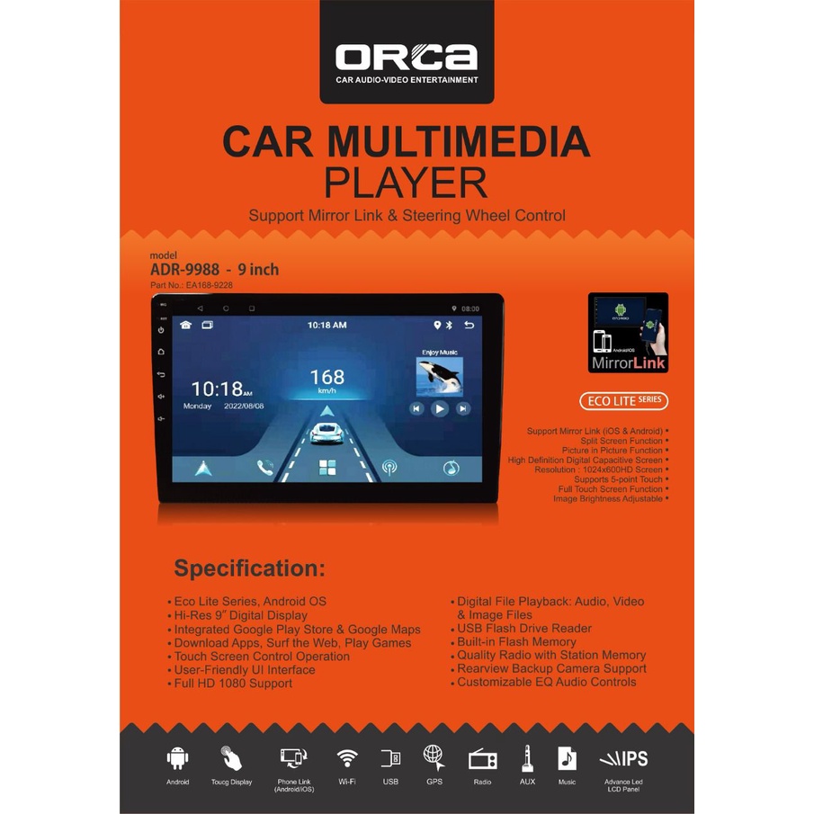 Jual Head Unit Android Orca Eco Lite 9 inch ADR 9988 Dinasti Audio