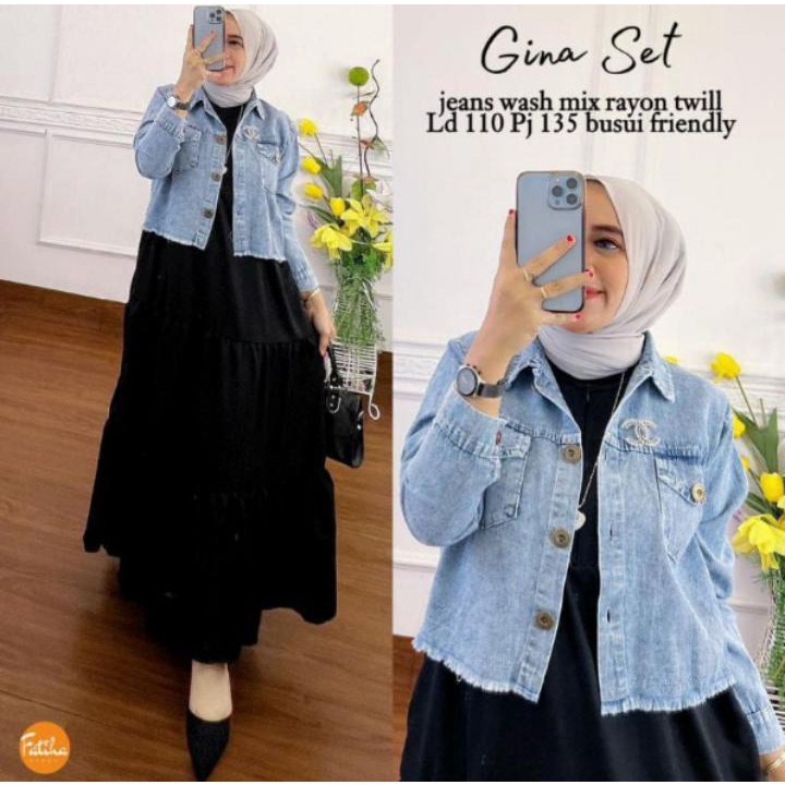 Gina Set 2in1 Jaket Mat Rayon Twill Mix Jaket Jeans Terbaru 2022Kekinian  Viral Setelan Gamis Muslim Dress Import Jaket Jeans One Setelan Jumbo  Ootd