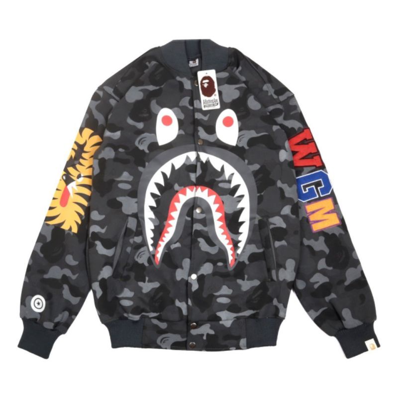 Jaket Varsity Bomber Bape Shark Wgm Camo Full Tag Label