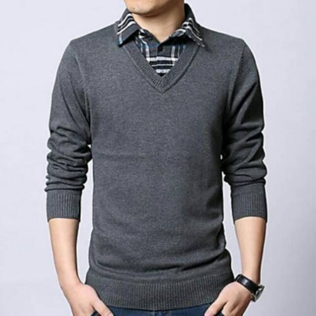 Jual Sweater V Neck Abu Tua Rajut Katun 4 Ukuran | Shopee Indonesia