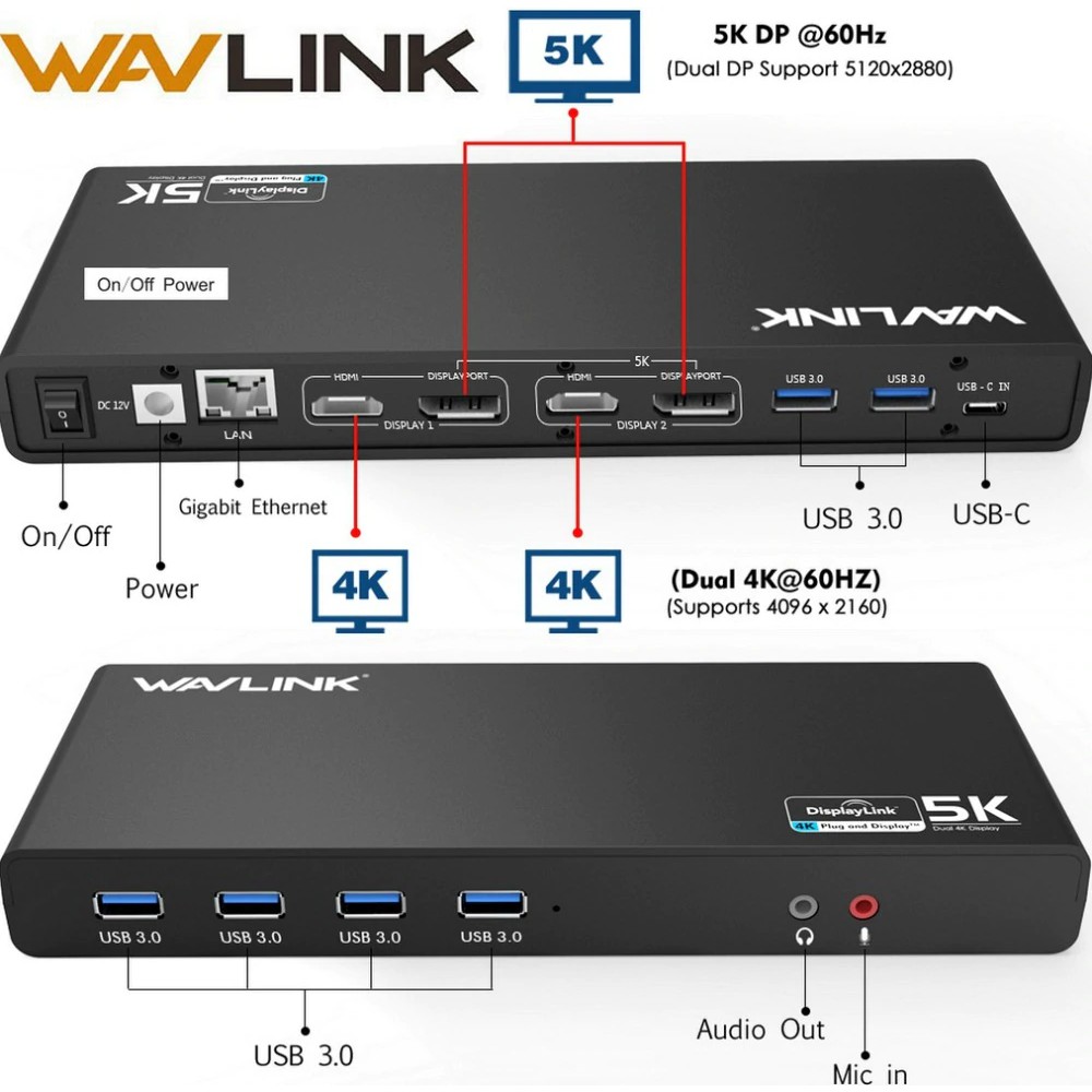 WAVLINK USB 3.0A type-C-デュアル HDMI アダプター 4K出力 ミニドッキングステーション 最大4K（3840x2160 @