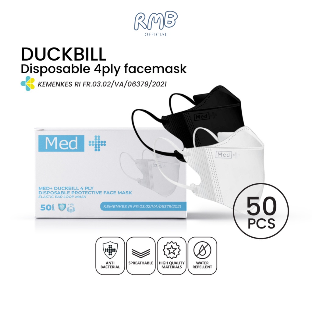 Jual RMB | Med+ Masker Duckbill 4ply Putih/Hitam 50 Pcs / Masker ...