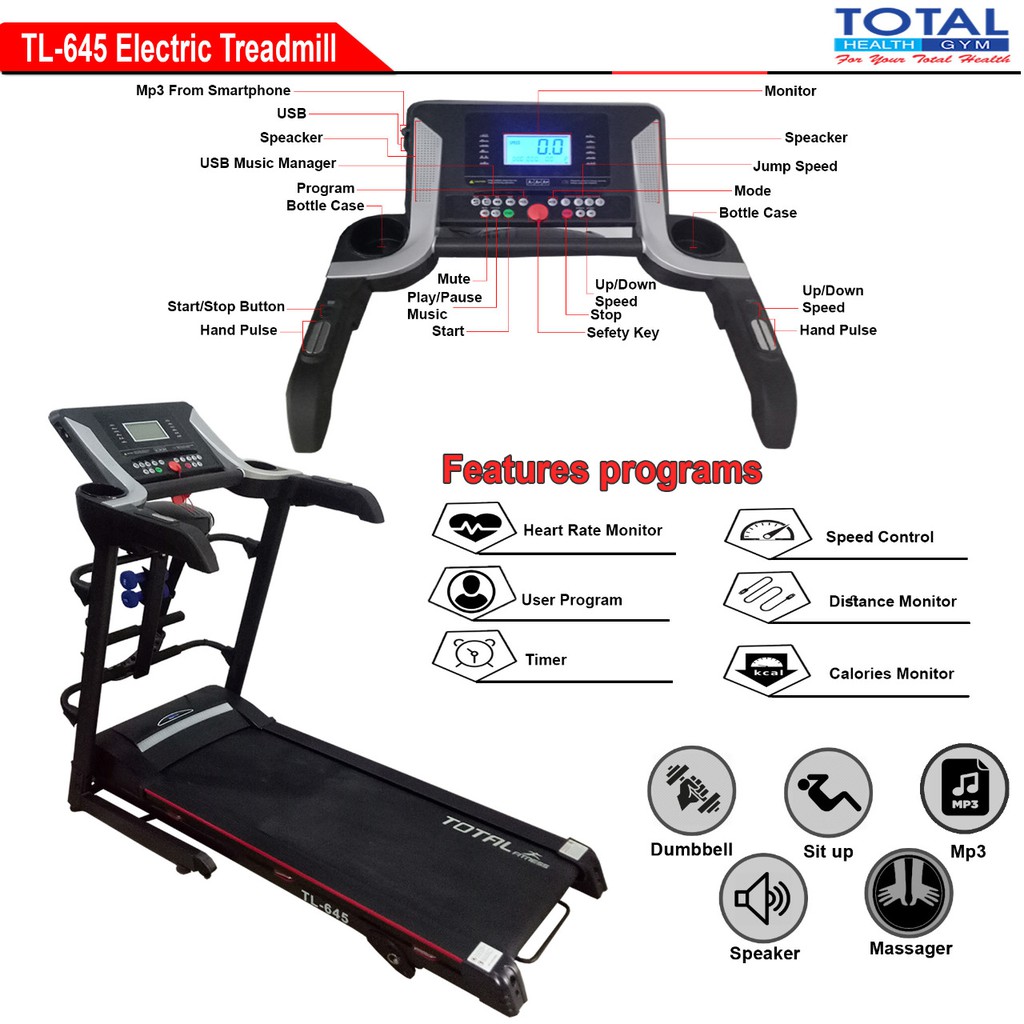 Jual Treadmill Elektrik 4 Fungsi Motor 2 Hp Tl 645 Manual Incline