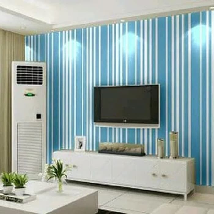 Jual 10m X 45cm Wallpaper Garis Biru Putih Wallpaper Dinding