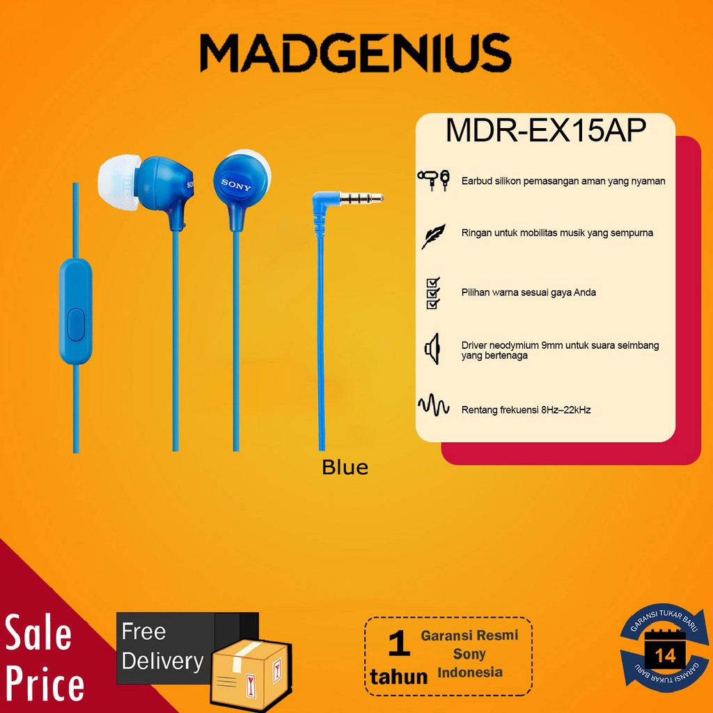 Sony Original MDR-EX15AP MDR EX15AP MDREX15AP Blue in-ear Stereo  Headphones warna Biru Garansi Resmi Sony Indonesia
