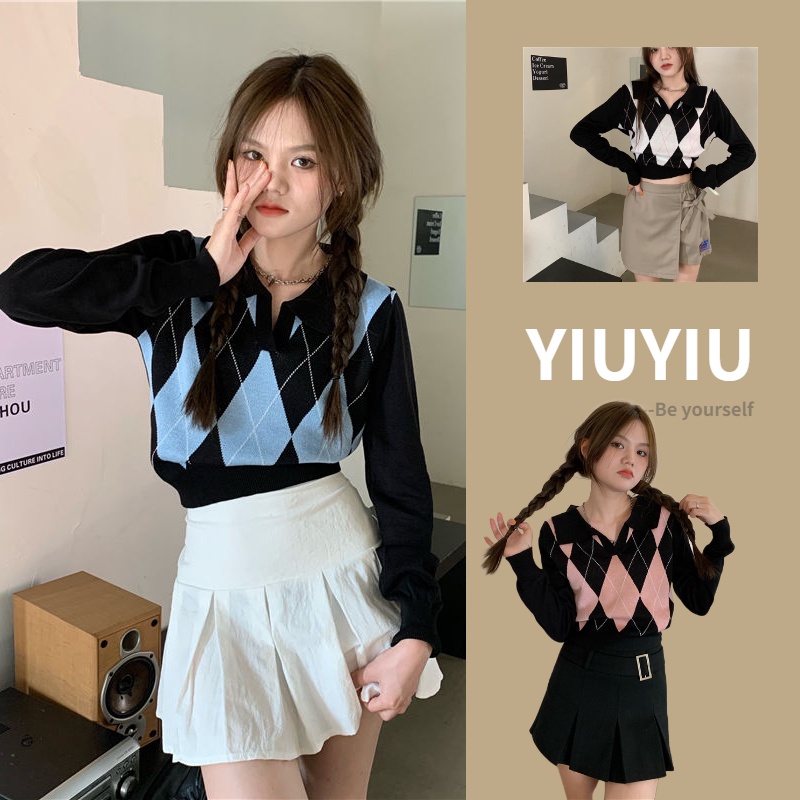 Jual YIU YIU Rajut - Polo Shirt Sweater Rajut Crop Top Tartan Wanita ...