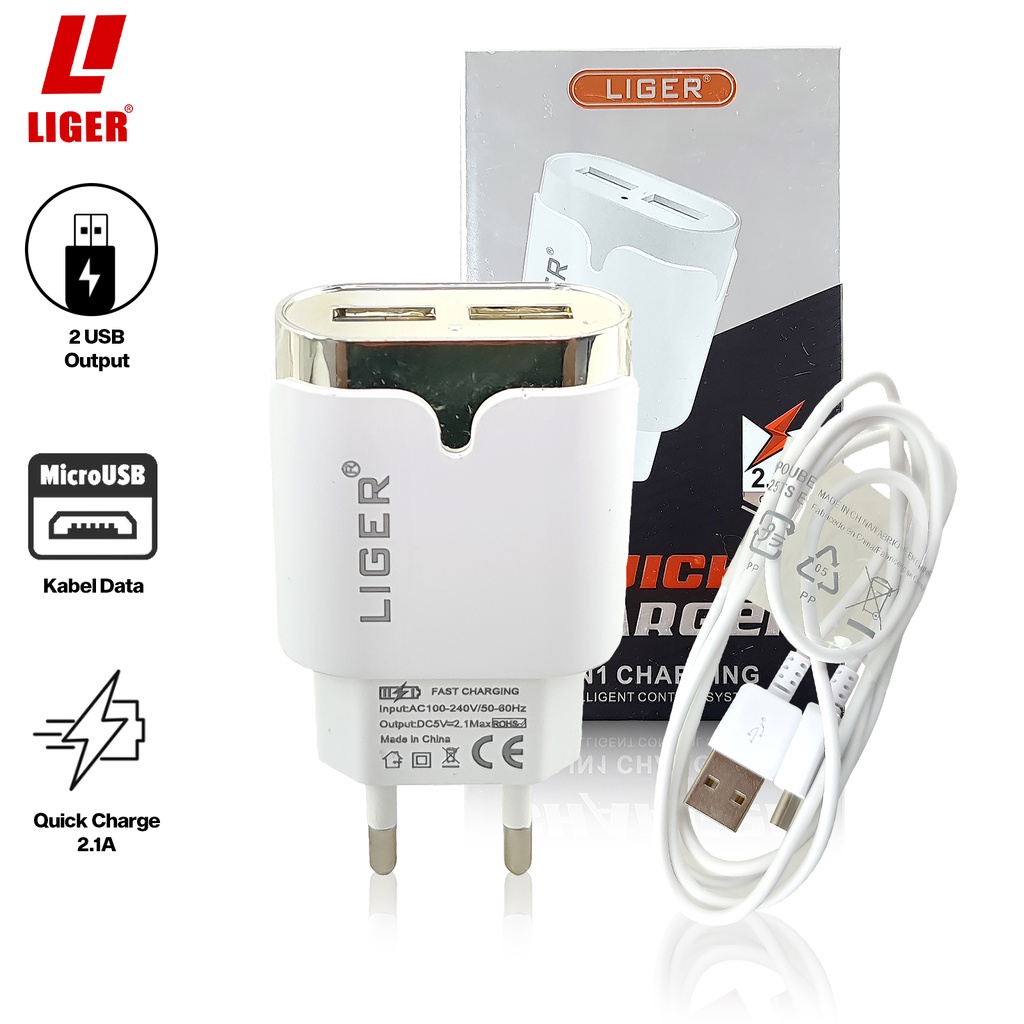 Jual LIGER Charger Plus Kabel Data Type Micro USB 2 Lubang USB Port 2A ...