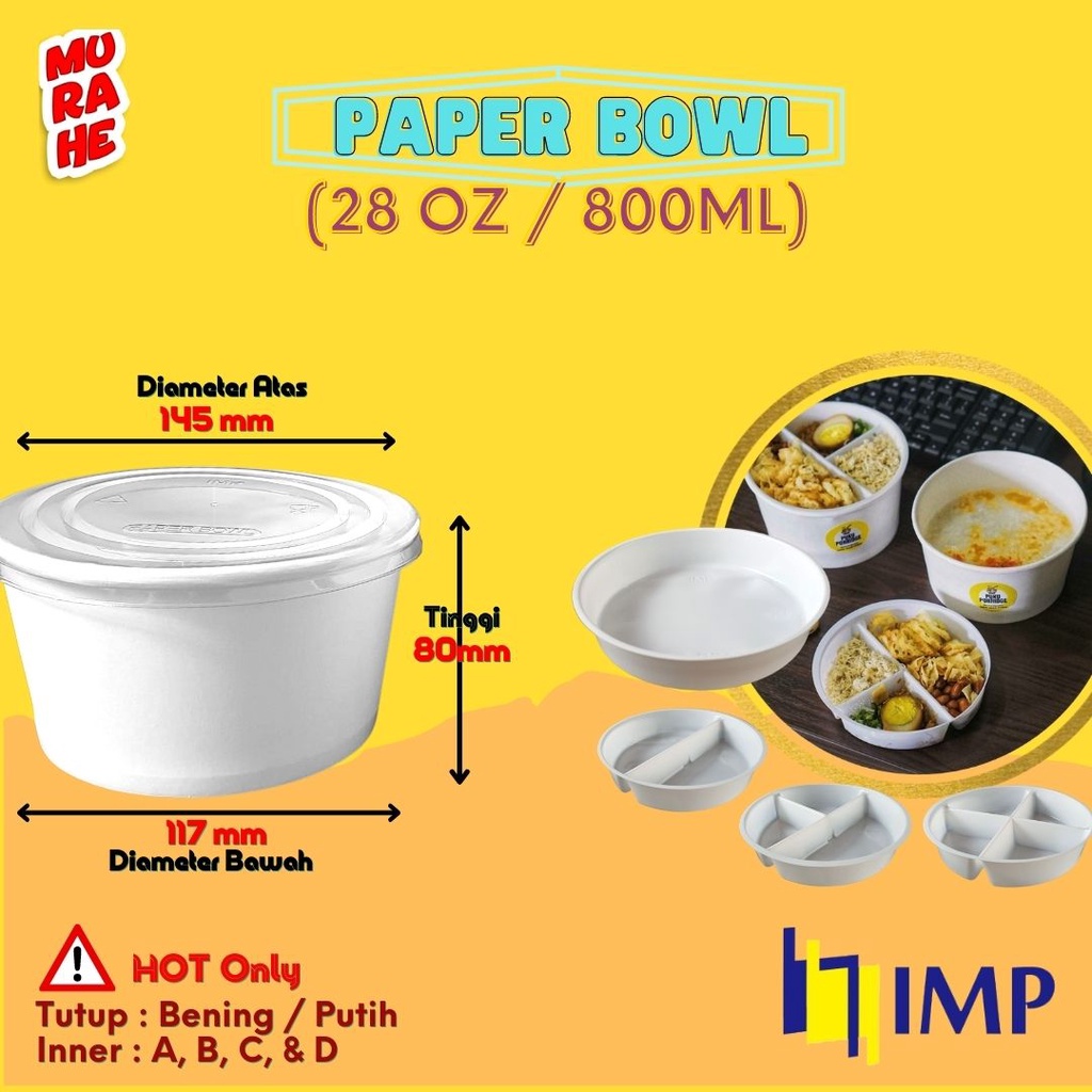 Jual Paper Bowl 800ml / Paper Soup 28 Oz Mangkok Kertas+ Tutup + Inner ...