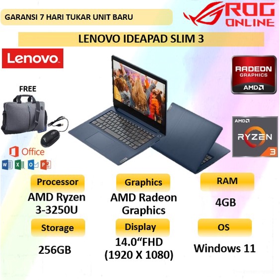 Jual Laptop Kerja Sekolah Lenovo Ideapad Slim 3 Ryzen 3 3250u Ram 4gb Ssd 256gb Radeon Vega