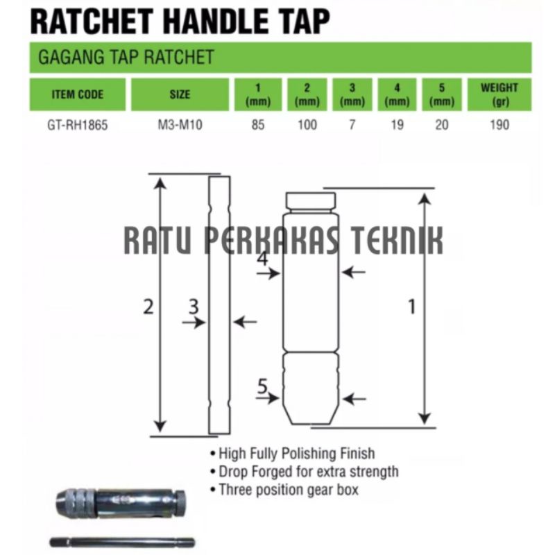 Jual Tekiro Gagang Tap Balik M3 - M10 Handle Ratchet GT-RH1865 Stang ...