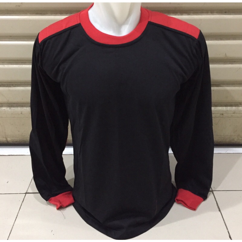 Jual kaos hitam lengan panjang/kaos hitam tambal merah lengan panjang