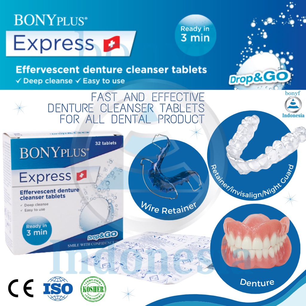 Jual Bonfy BonyPlus Express Effervescent Denture Cleanser Tablets Swiss