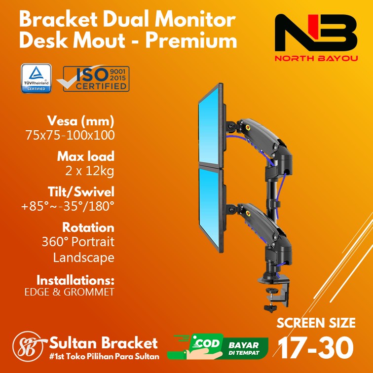Jual Bracket Dual TV Monitor 24 27 32 34 35 Inch Arm Stand Desk Mount