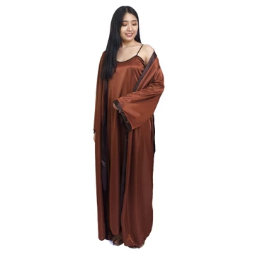 Folva Kimono Set Panjang Piyama Satin 1389KTSET Coklat All Size