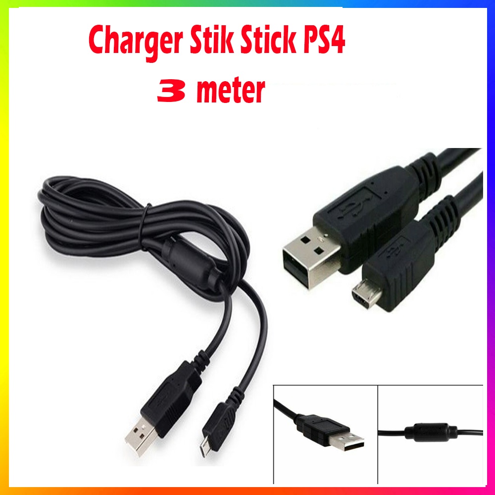 Jual Charger Stik PS3 1.8m / PS3 3m / PS4 1.8m / PS4 3m / Kabel USB