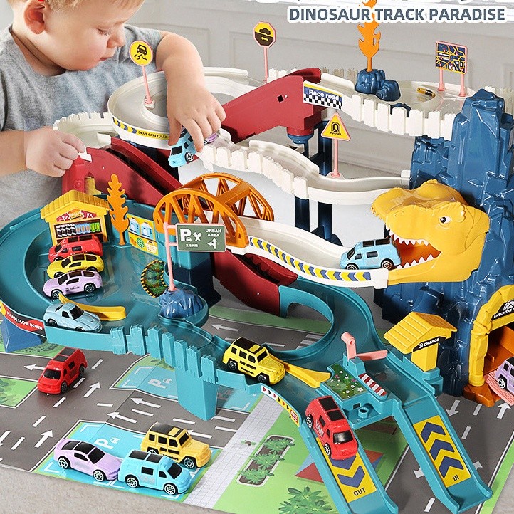 Jual dinosaur rail track car parking lot mainan mobil gedung parkir ...