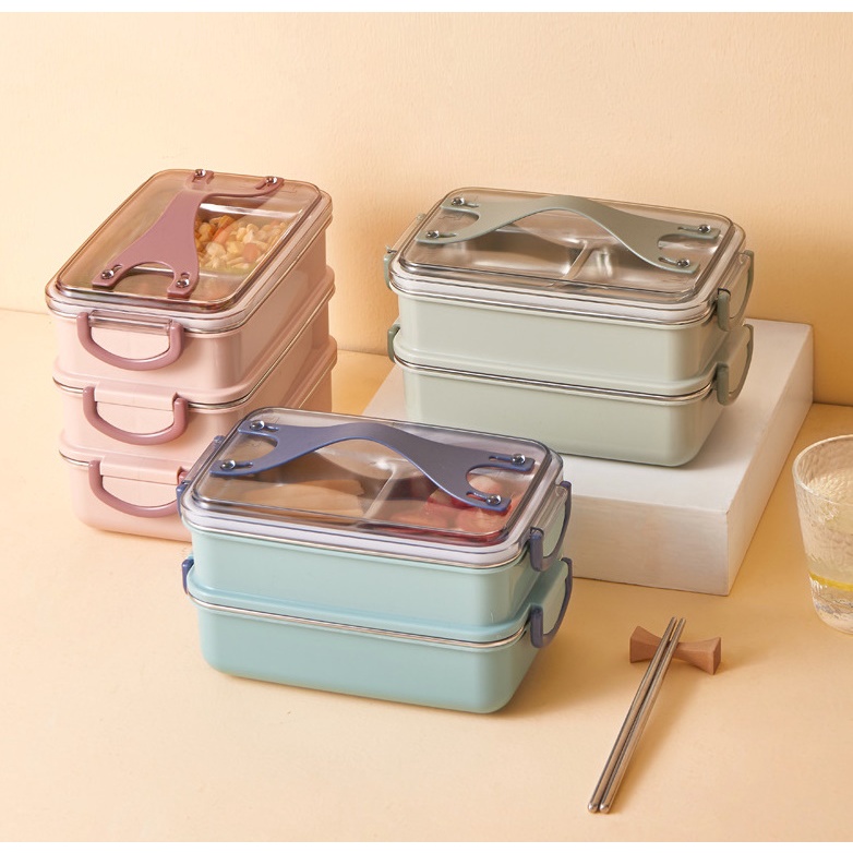 Jual [LOGU] Kotak bekal 2 tingkat, Lunch box stainless 2 tingkat, Kotak ...