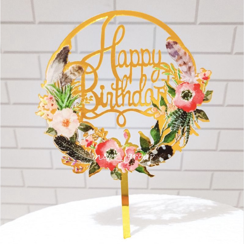 Jual Topper happy birthday desain bunga akrilik / topper hbd cake kue ...