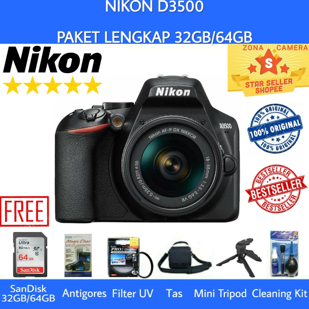 Jual NIKON D3500 KIT 18-55MM AF-P VR - PAKET LENGKAP | Shopee Indonesia