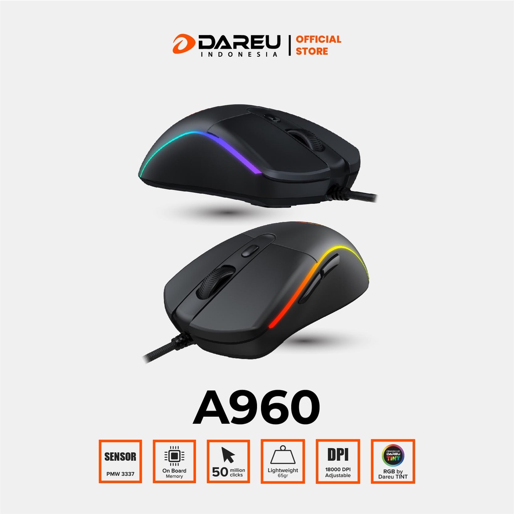 Jual Mouse Gaming Lightweight 65 gr DAREU A960 ALPHA | Shopee Indonesia