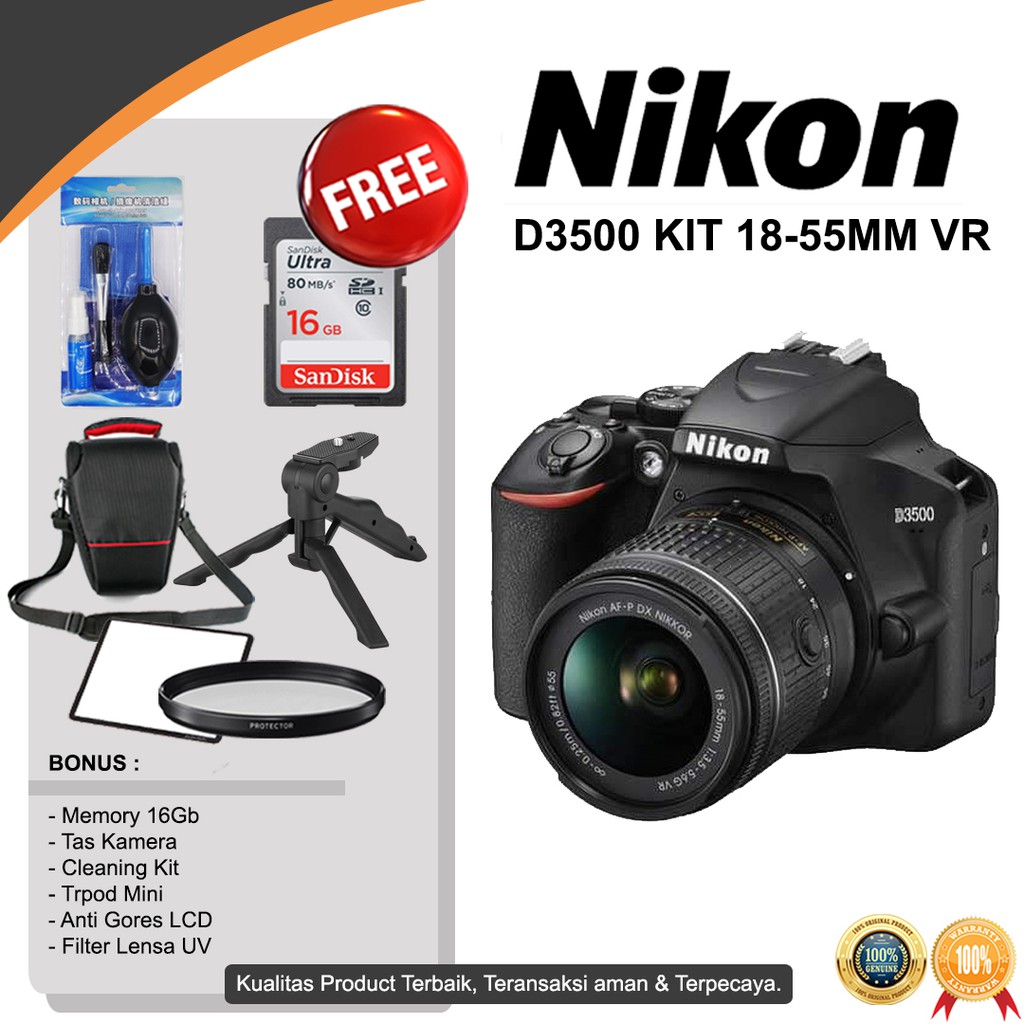 Jual NIKON D3500 KIT 18-55MM VR KAMERA DSLR PAKET BONUS KIT | Shopee ...
