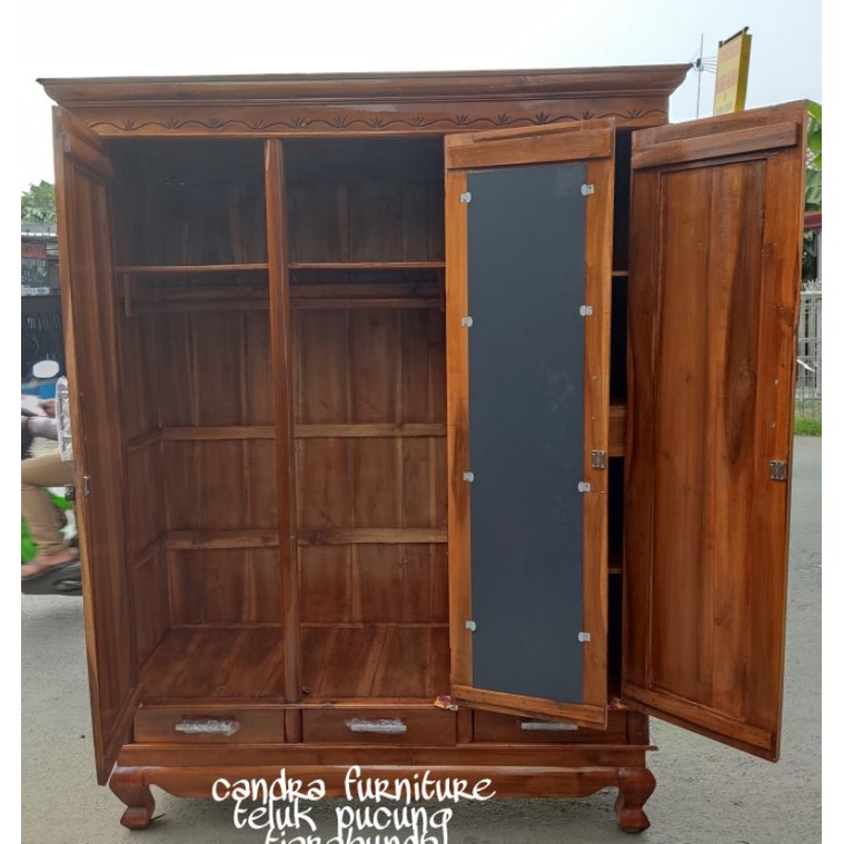 Jual LEMARI PAKAIAN JATI 3 PINTU +LACI+KACA 1RAK 2 GANTUNGAN RAPI KOKOH ...