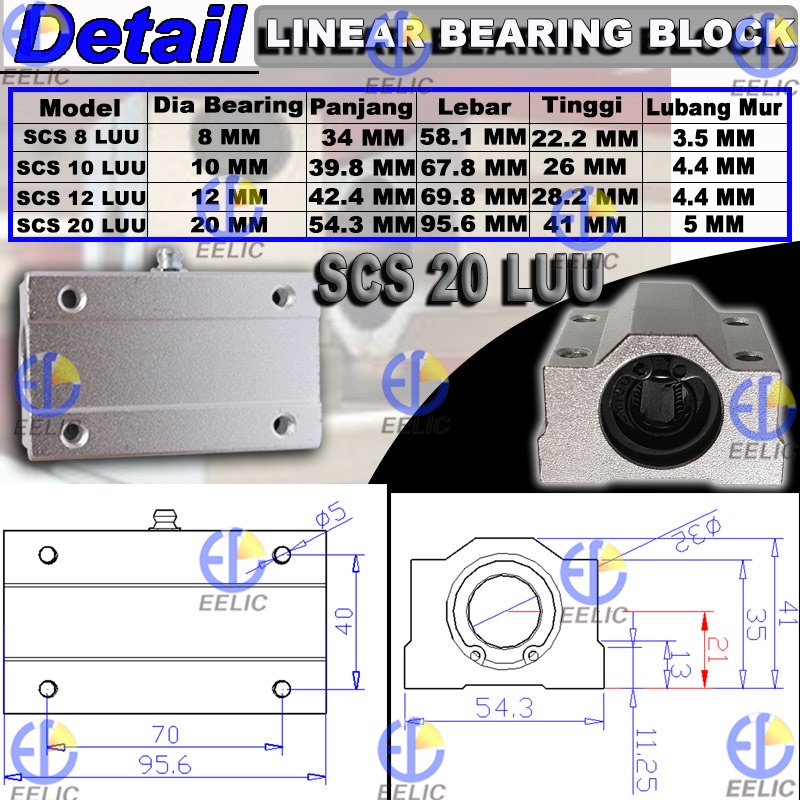Jual EELIC LBB-SCS20LUU Linear bearing block scs 20 luu dengan ukuran ...