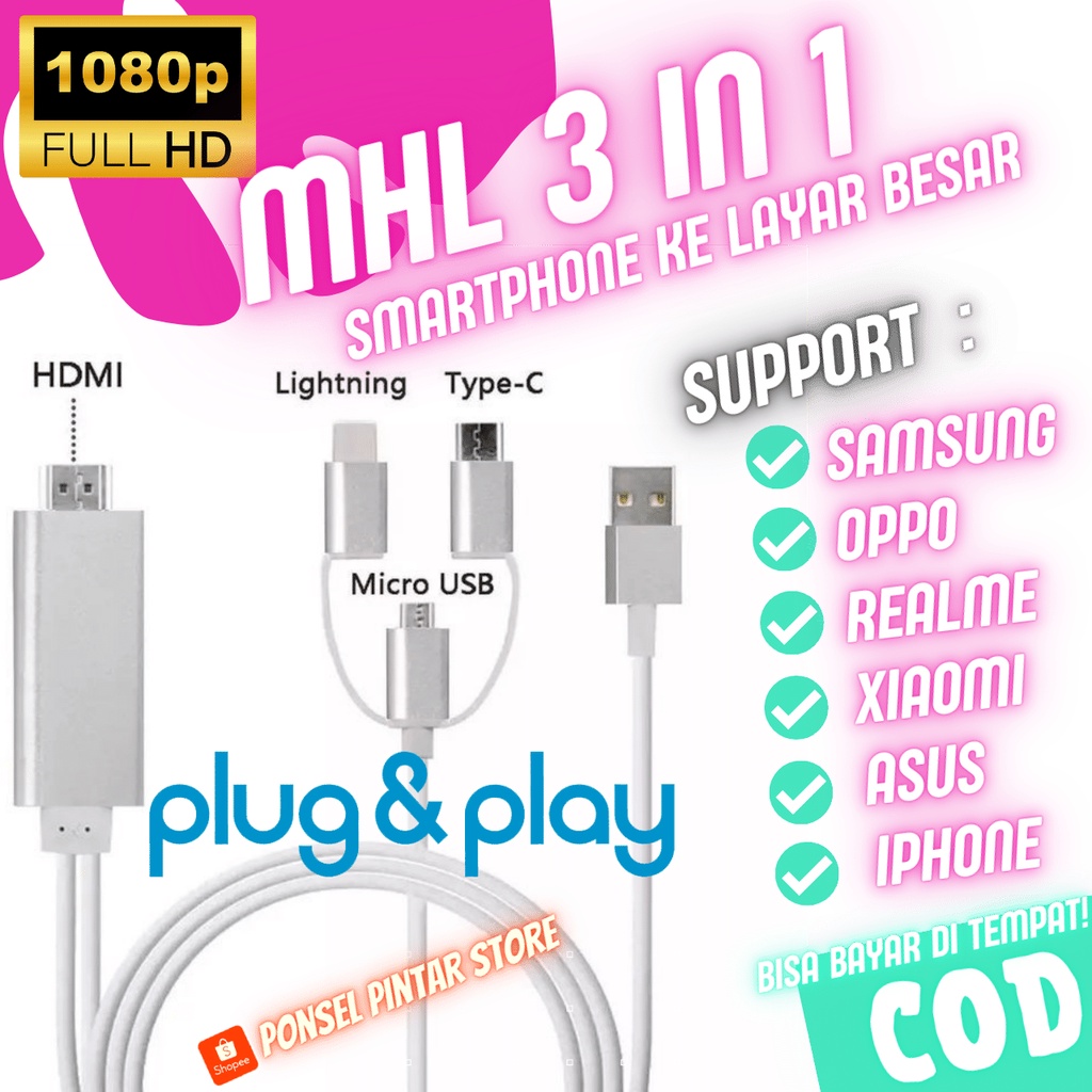 Jual [COD] (ANTI LAG) Kabel MHL Type C to HDMI, Hubungkan HP