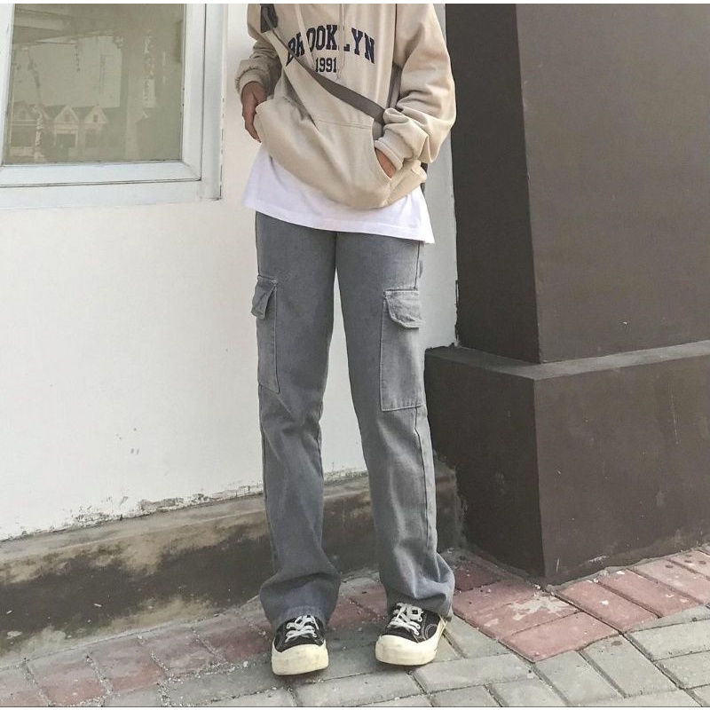 Jual (2738) GREY HW LOOSE CARGO JEANS / ABU ABU CARGO JEANS / CELANA