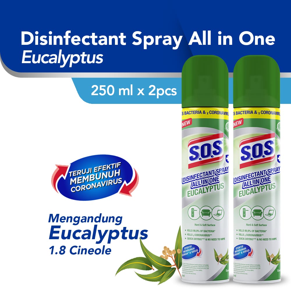 Jual SOS Disinfectant Spray All In One Eucalyptus 250ml (2pcs ...