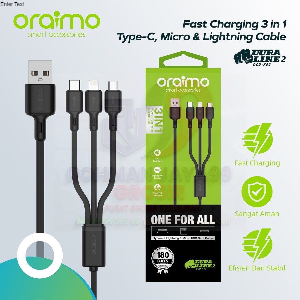 Jual Oraimo Kabel Data 3in1 Fast Charging TypeC, Micro USB & Lightning