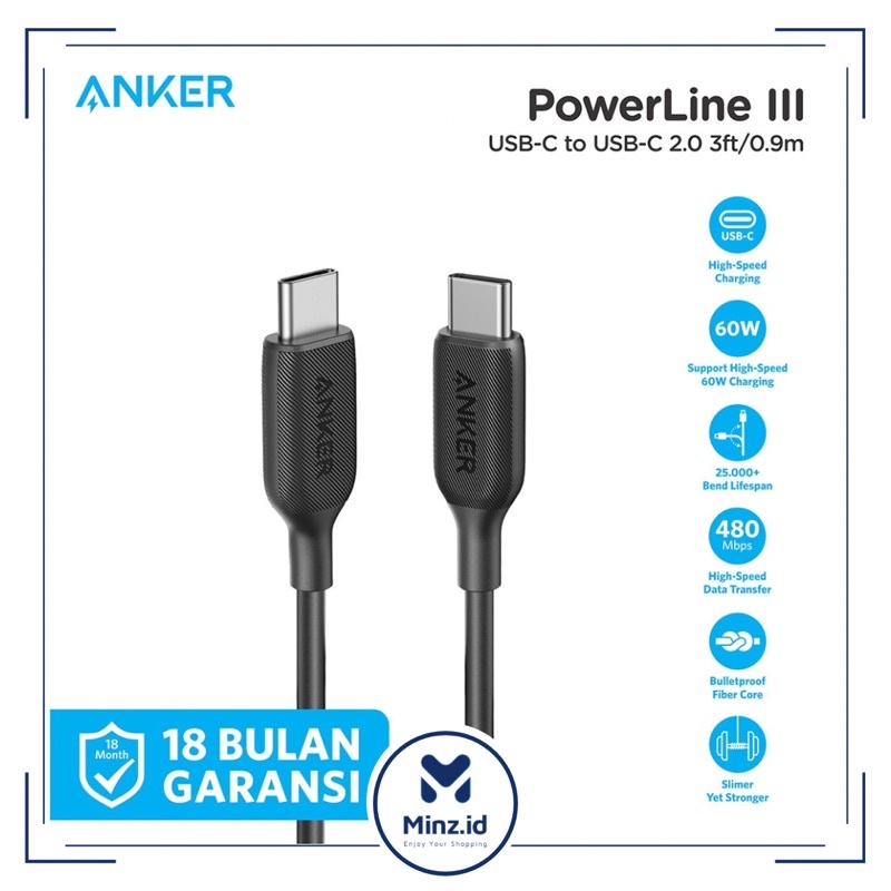 Jual Kabel Charger Anker PowerLine III Usb Type C to USB-C 3ft