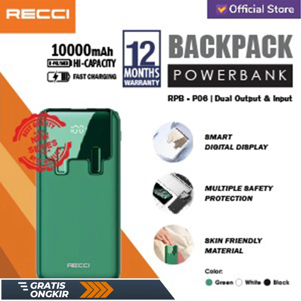 Powerbank Recci Backpack 18W PD 10000 mAh RPB-P06 White/Green/Black