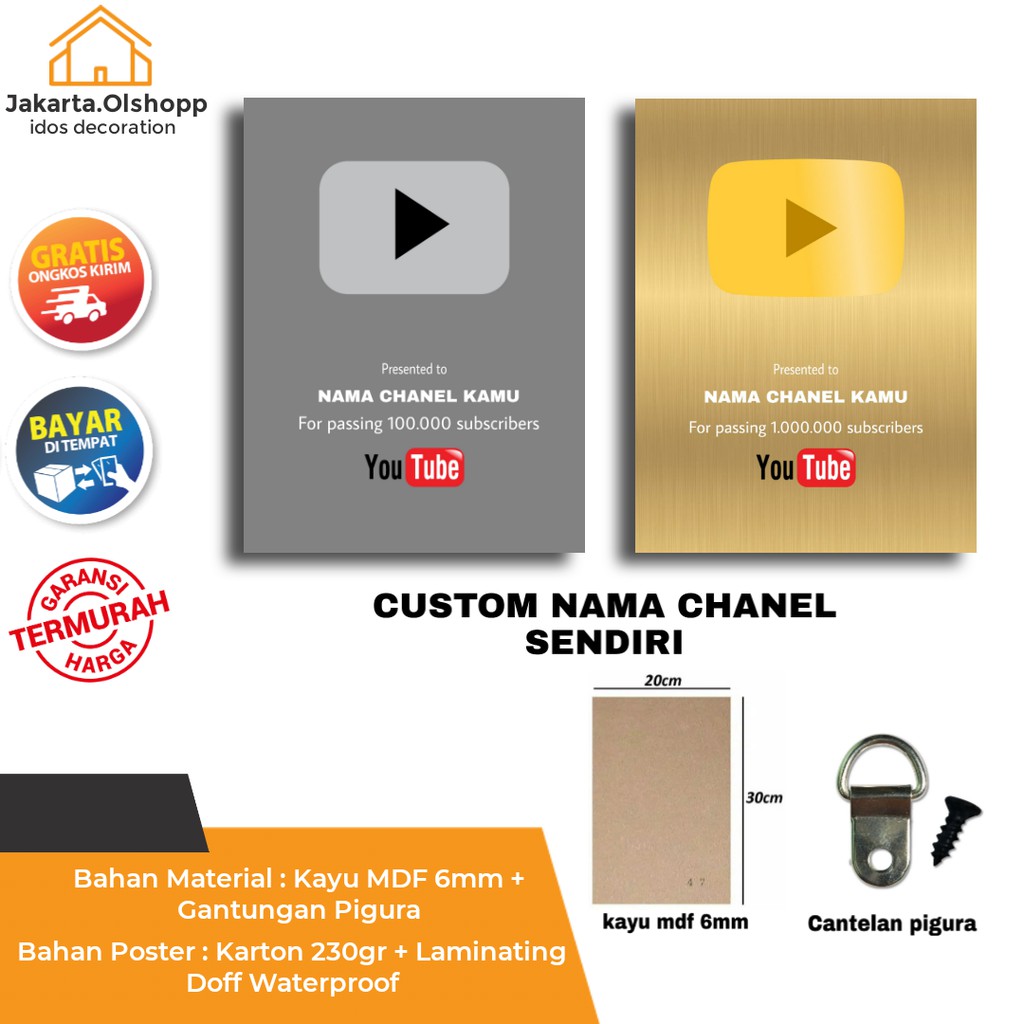 Jual Cod Custom Poster Kayu Silver Play Button Gold Play Button