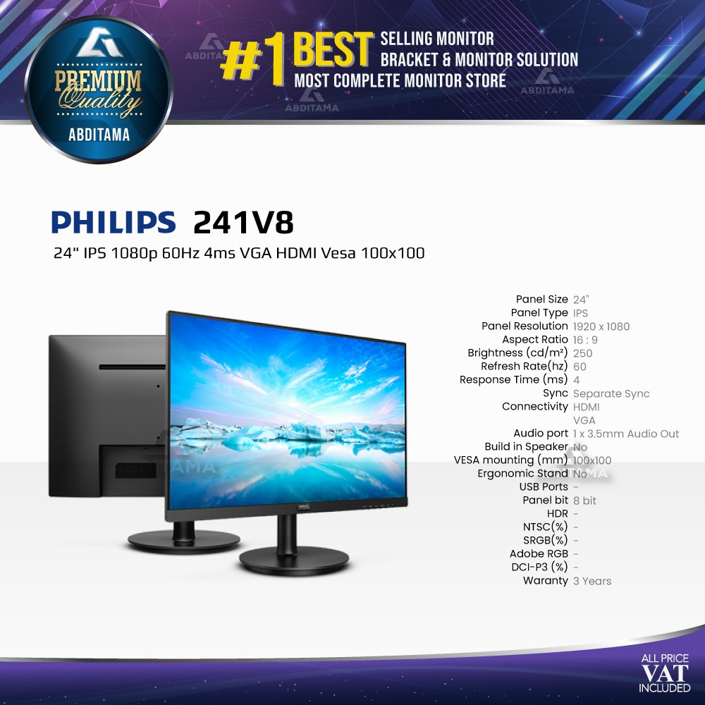 Jual Monitor LED Philips 241V8 24" IPS 1080p 75Hz 4ms VGA HDMI Vesa ...