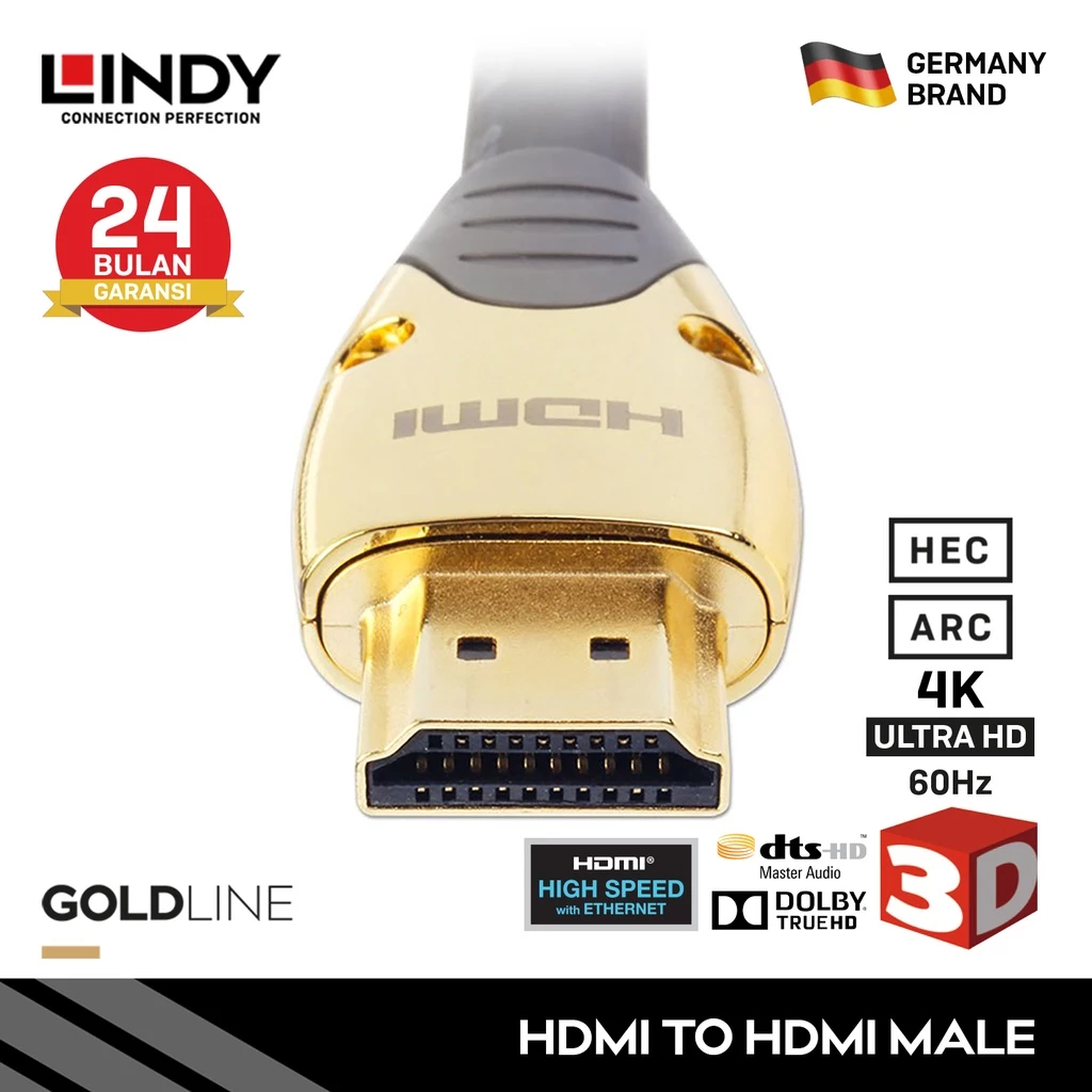 Kabel HDMI 2.0 LINDY 1M 2M 3M 5M High Speed HDMI Gold Cable with Ethernet 3D 4K 60Hz HEC ARC CEC 37851 37852 37853 37854