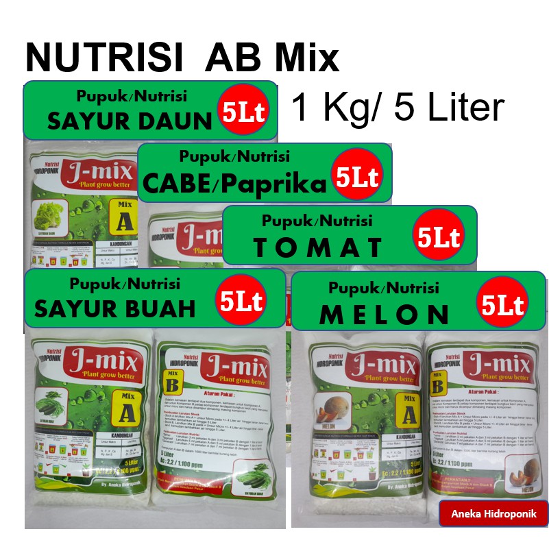 AH.Aneka Pupuk Nutrisi Hidroponik AB Mix J-Mix 1Kg 5L Untuk Sayur Daun Buah Tomat Cabe Melon Paprika Nutrisi Tanaman Hidroponik Pekatan 1000 Liter Siap Pakai ABMix Premium Mudah Larut Untuk NFT DFT Wick System Hidroponik