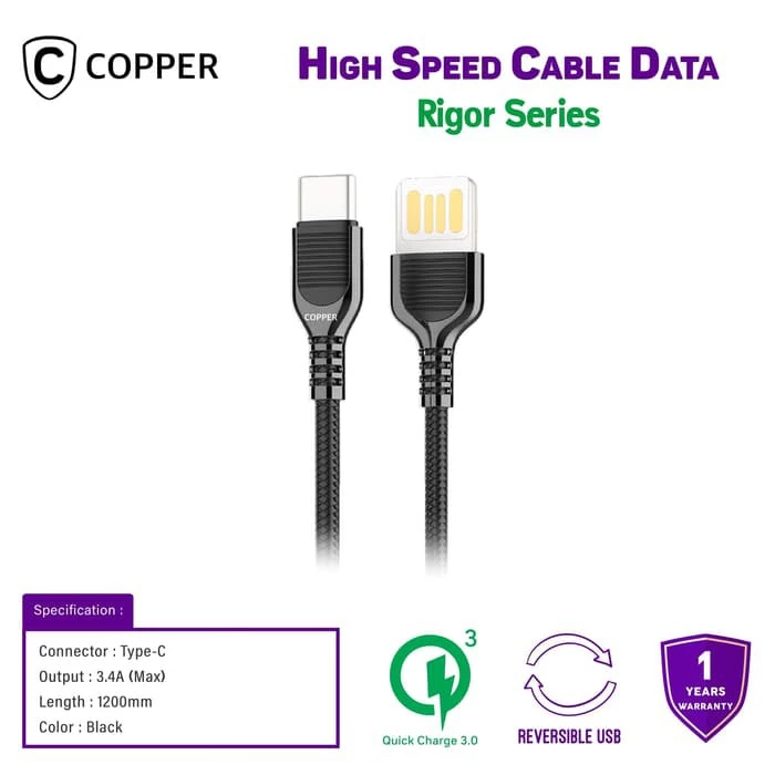 COPPER Kabel Data Type C High Speed Rigor Series Qc 3.0