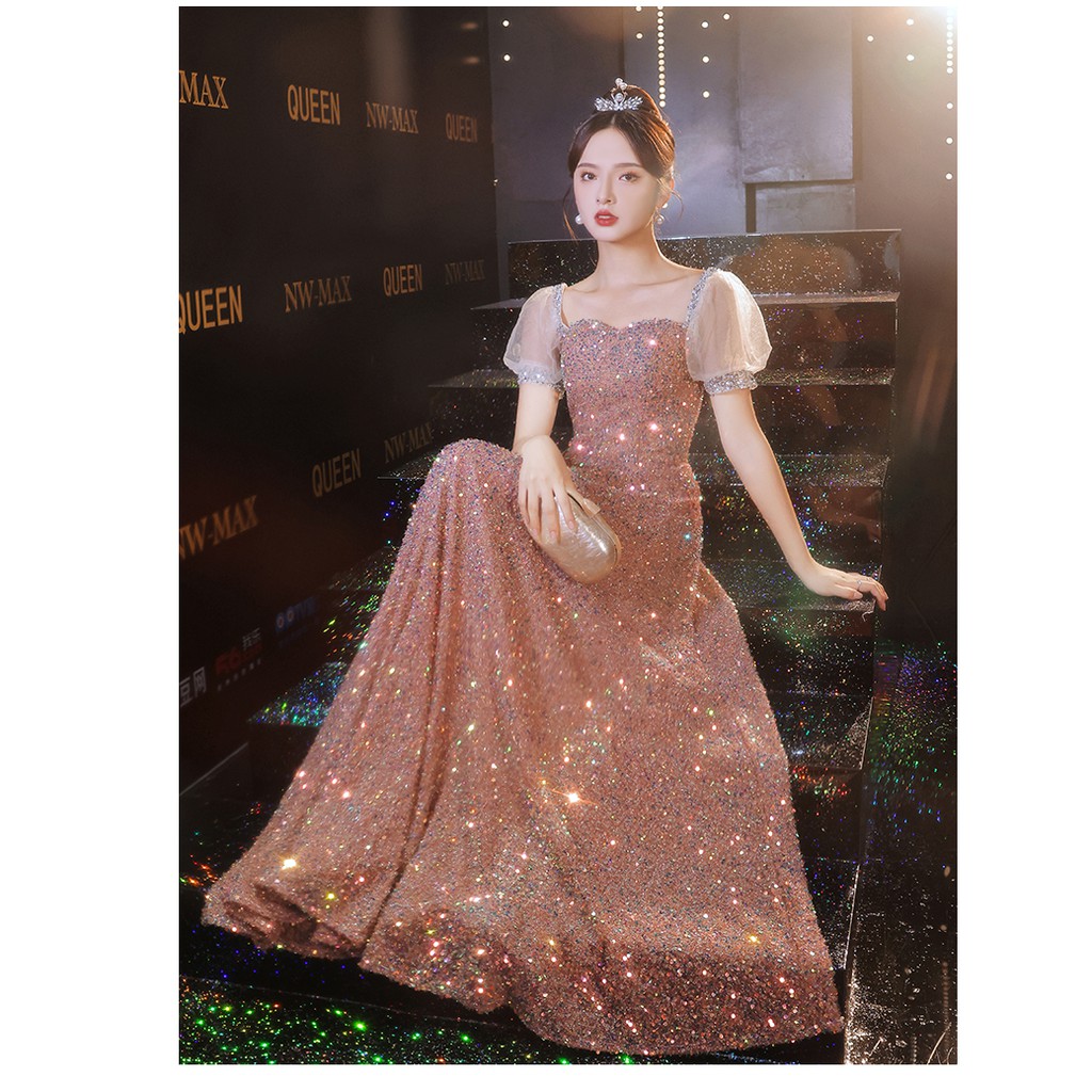 Jual Gaun Pesta 2111016 Rose Gold Lengan Pendek Party Dress Gown Shopee Indonesia