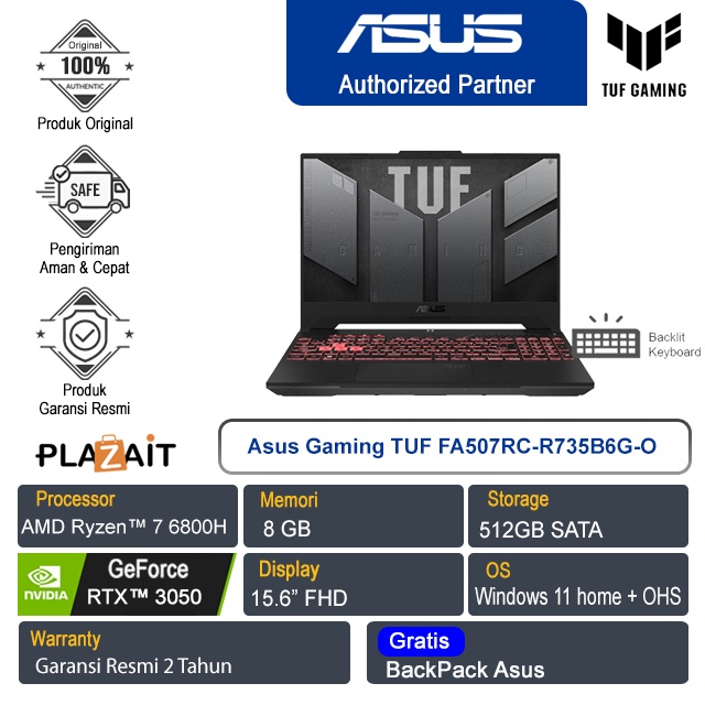 Jual Asus Gaming TUF FA507RC-R735B6G-O/AMD Ryzen 7-6800H/8GB/512GB SSD
