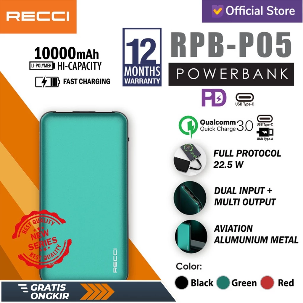 RECCI Powerbank 22.5W Fast Charging Full Protocol RPB-P05 Hitam/Merah/Hijau