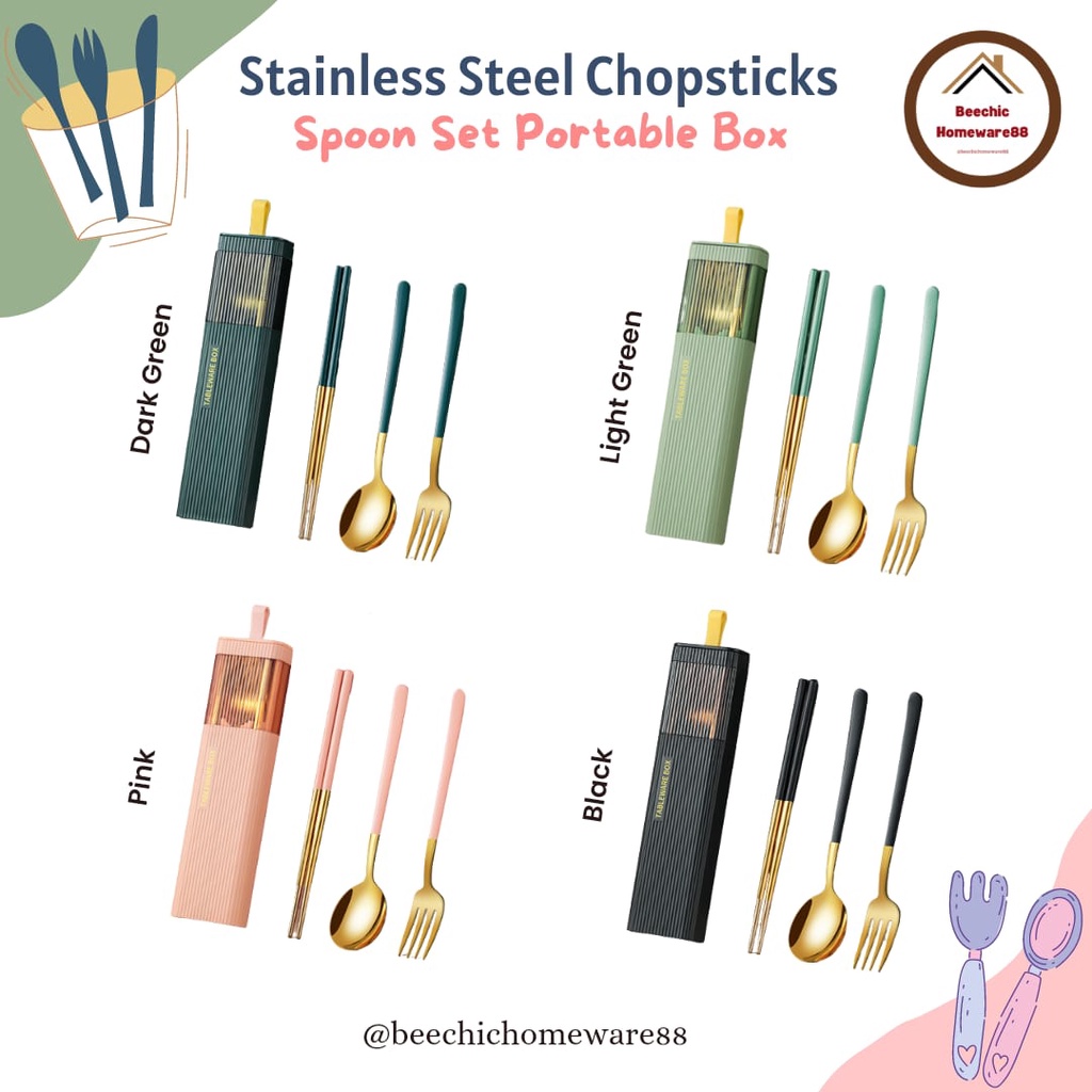 Jual Stainless Steel Chopsticks Spoon Set Portabel Box / Cutlery Set ...