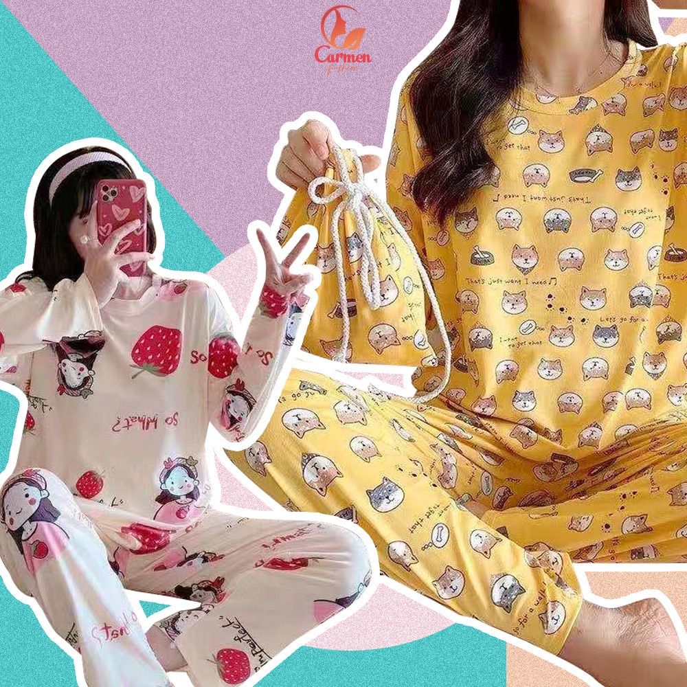 Jual Baju Tidur Lengan Panjang Set Motif Karakter Korean Style